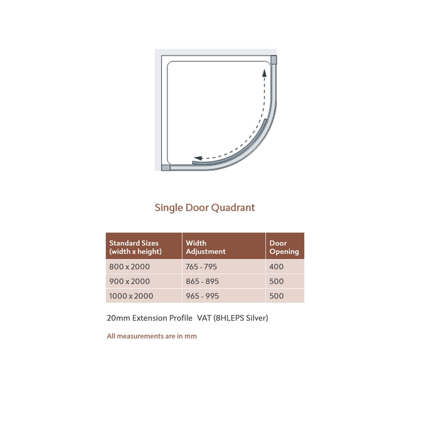 Lakes Coastline Sorong Single Door Quadrant Enclosure dimensions