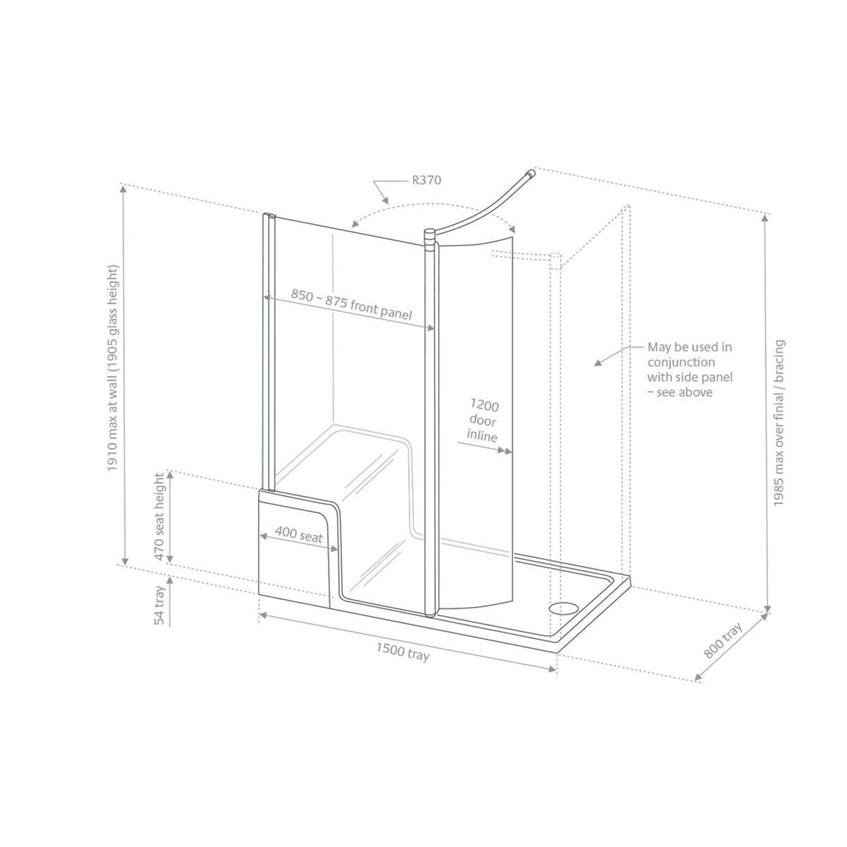 Lakes Left Hand Walk-In Enclosure with Seated Shower Tray measurements