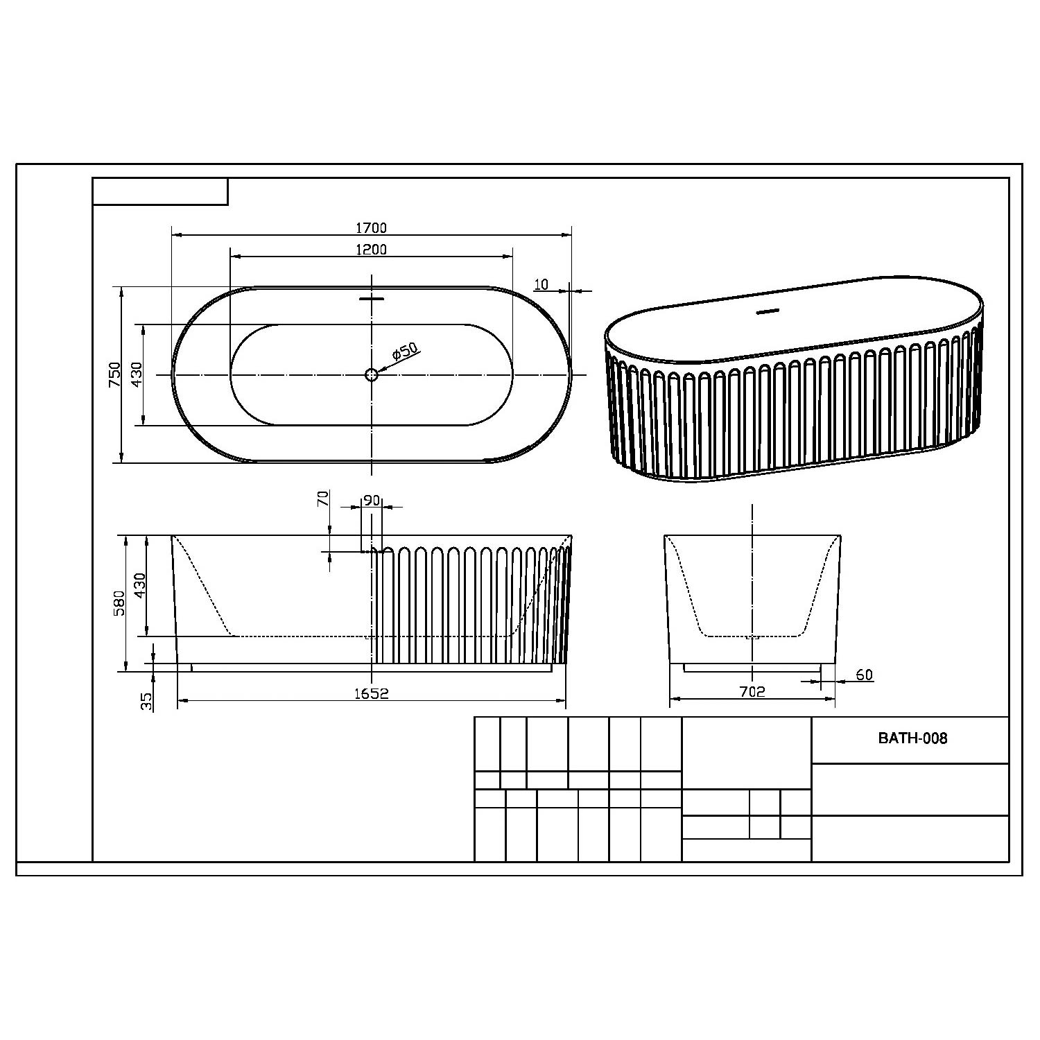 Lira 1700 x 750mm Oval Fluted Freestanding Bath In Matt Clay line drawing