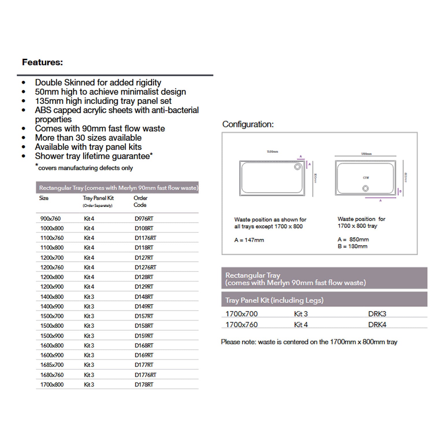 Merlyn MStone Rectangular Shower Tray with Fast Flow Waste dimensions