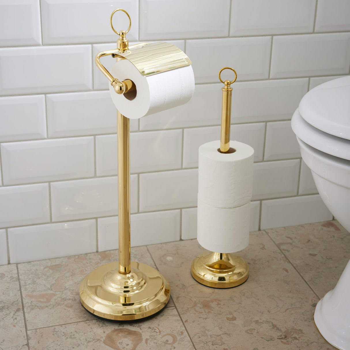 Miller Classic Freestanding Toilet Roll Holder with Lid in Polished Brass lifestyle