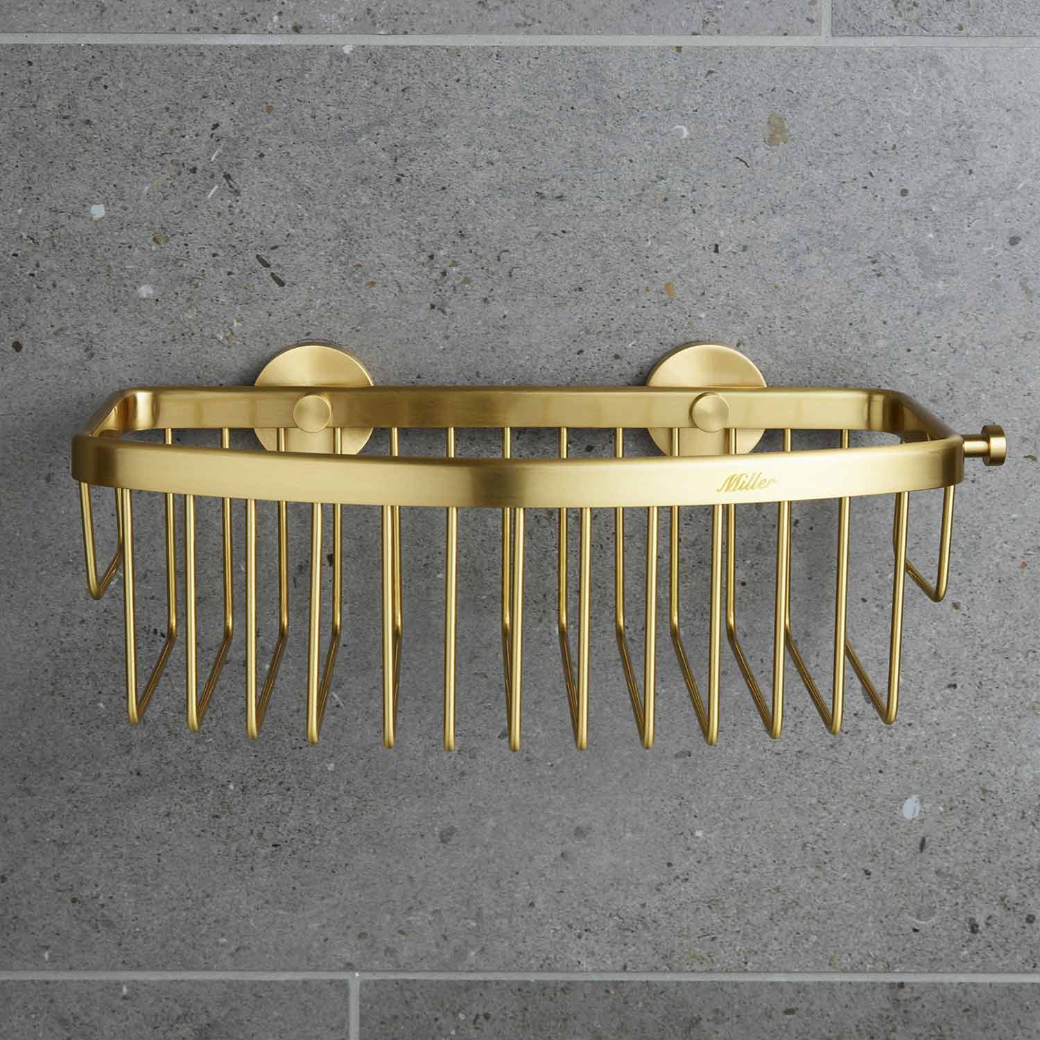 Miller Classic Gluable D Shaped Shower Basket in Brushed Brass lifestyle