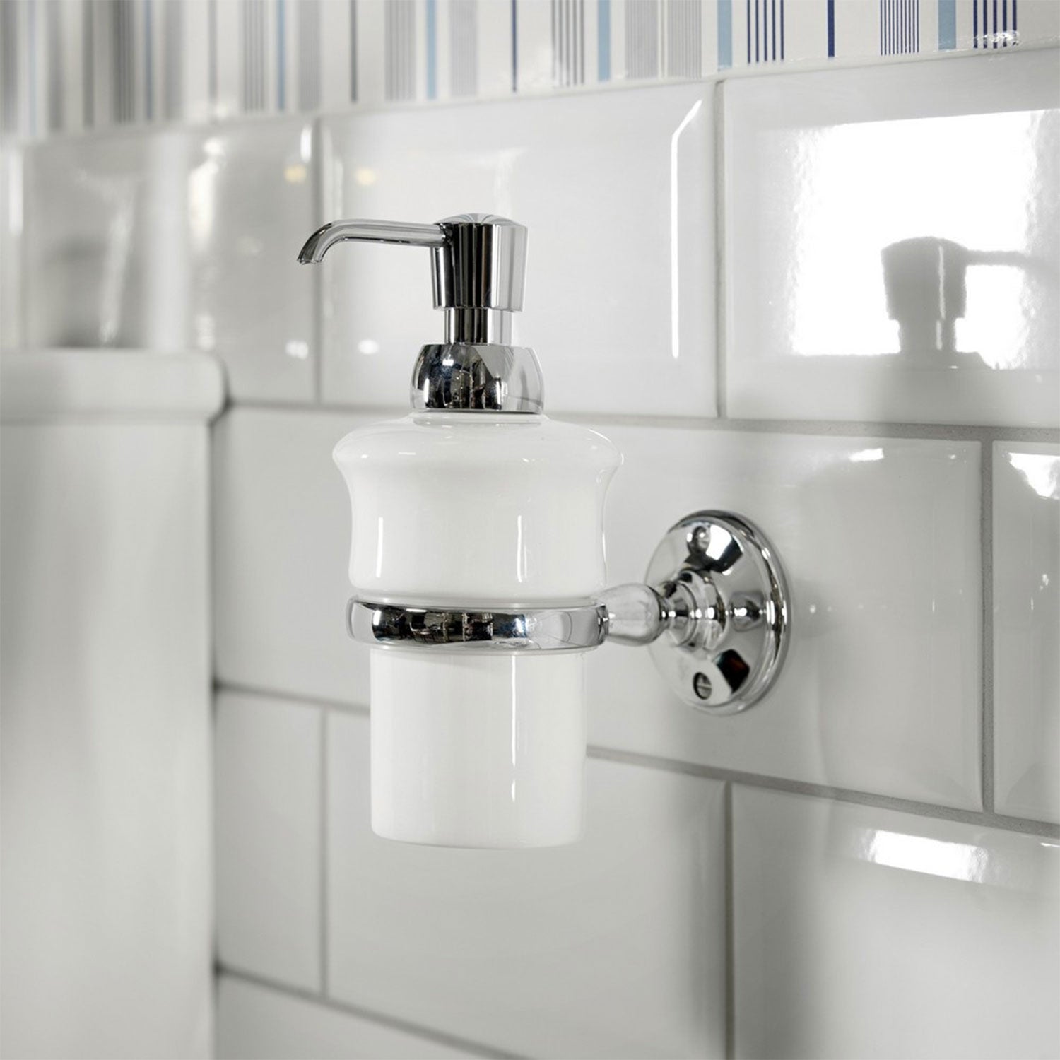 Miller Stockholm White Ceramic Lotion Bottle and Chrome Holder lifestyle