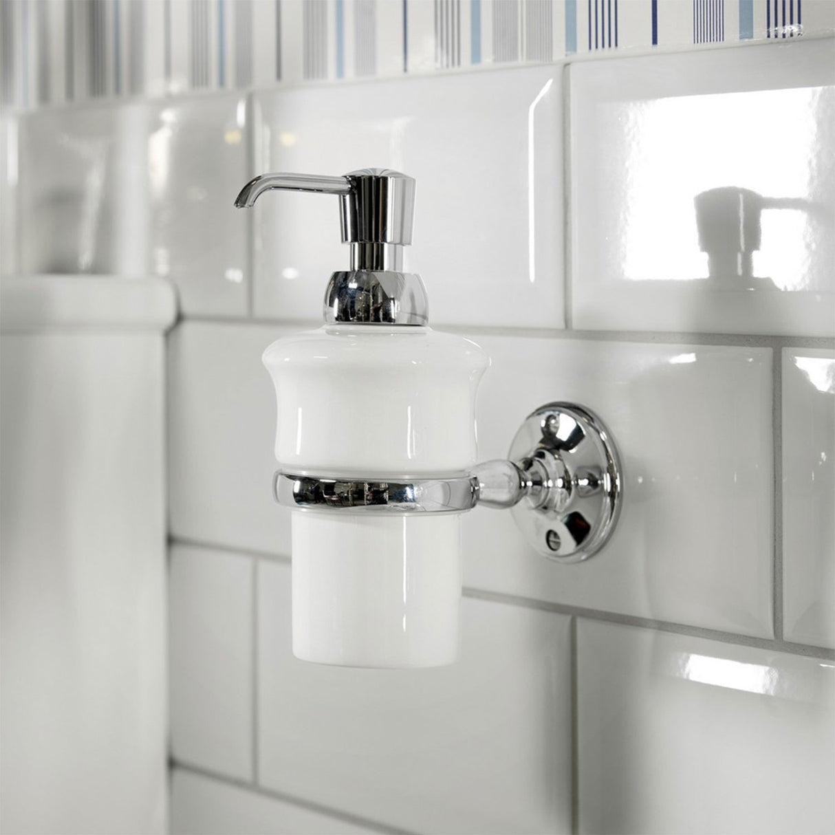 Miller Stockholm White Ceramic Lotion Bottle and Chrome Holder lifestyle