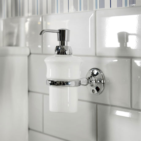 Miller Stockholm White Ceramic Lotion Bottle and Chrome Holder lifestyle