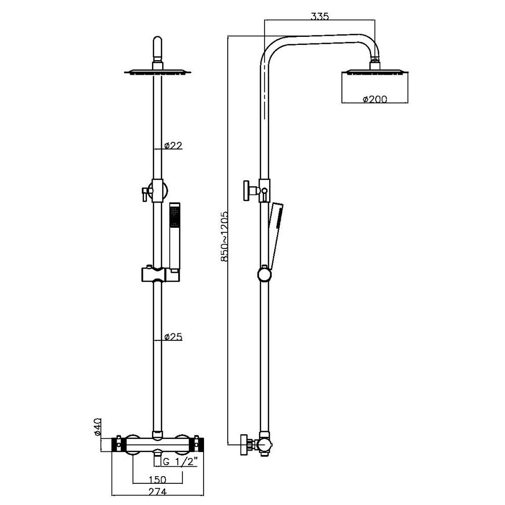 NU-020 Scudo Core Black Round Rigid Riser Shower Line Drawing