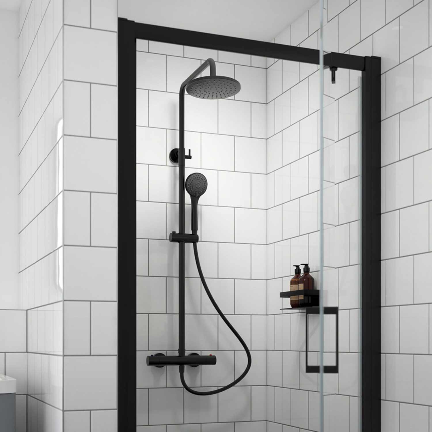 Nuie Arvan Rounded Thermostatic Bar Shower with Telescopic Kit in Matt Black lifestyle