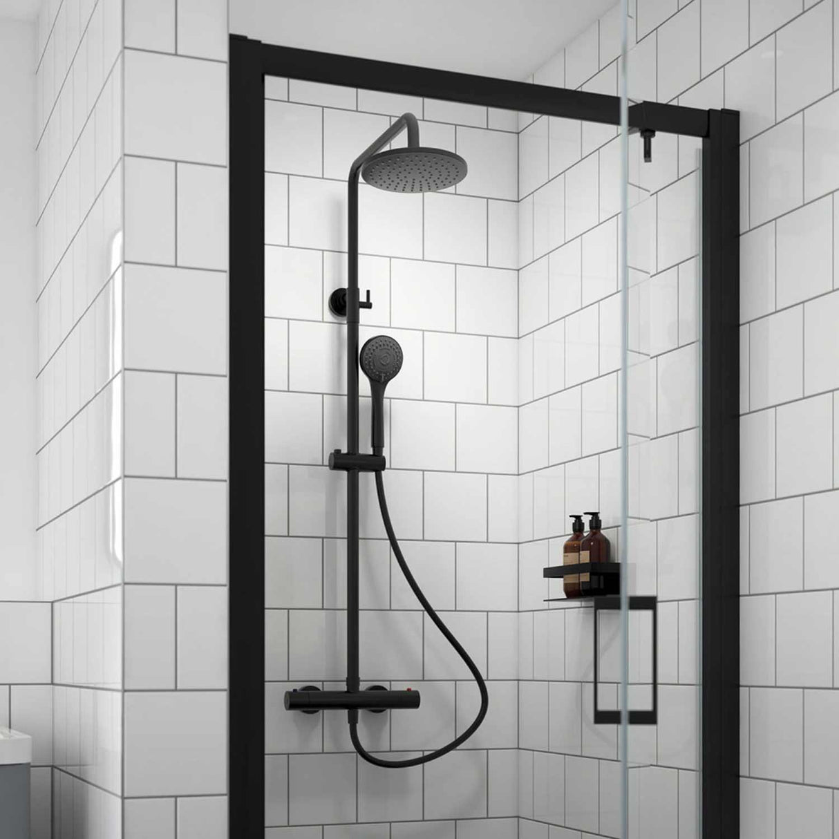 Nuie Arvan Rounded Thermostatic Bar Shower with Telescopic Kit in Matt Black lifestyle