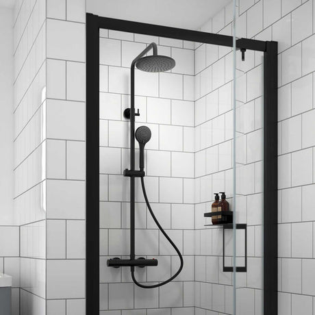 Nuie Arvan Rounded Thermostatic Bar Shower with Telescopic Kit in Matt Black lifestyle