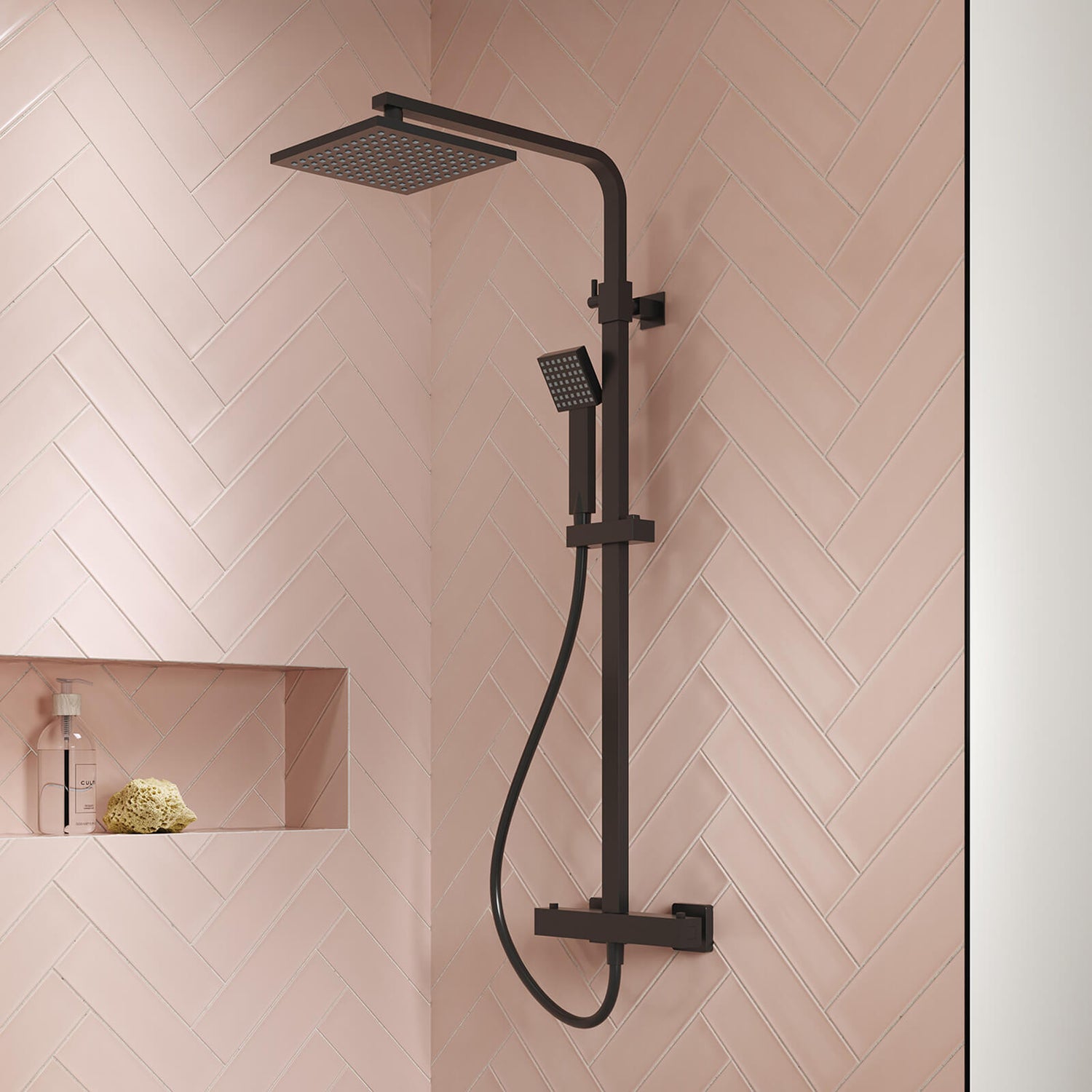 Nuie Windon Square Thermostatic Bar Shower with Telescopic Kit in Black lifestyle