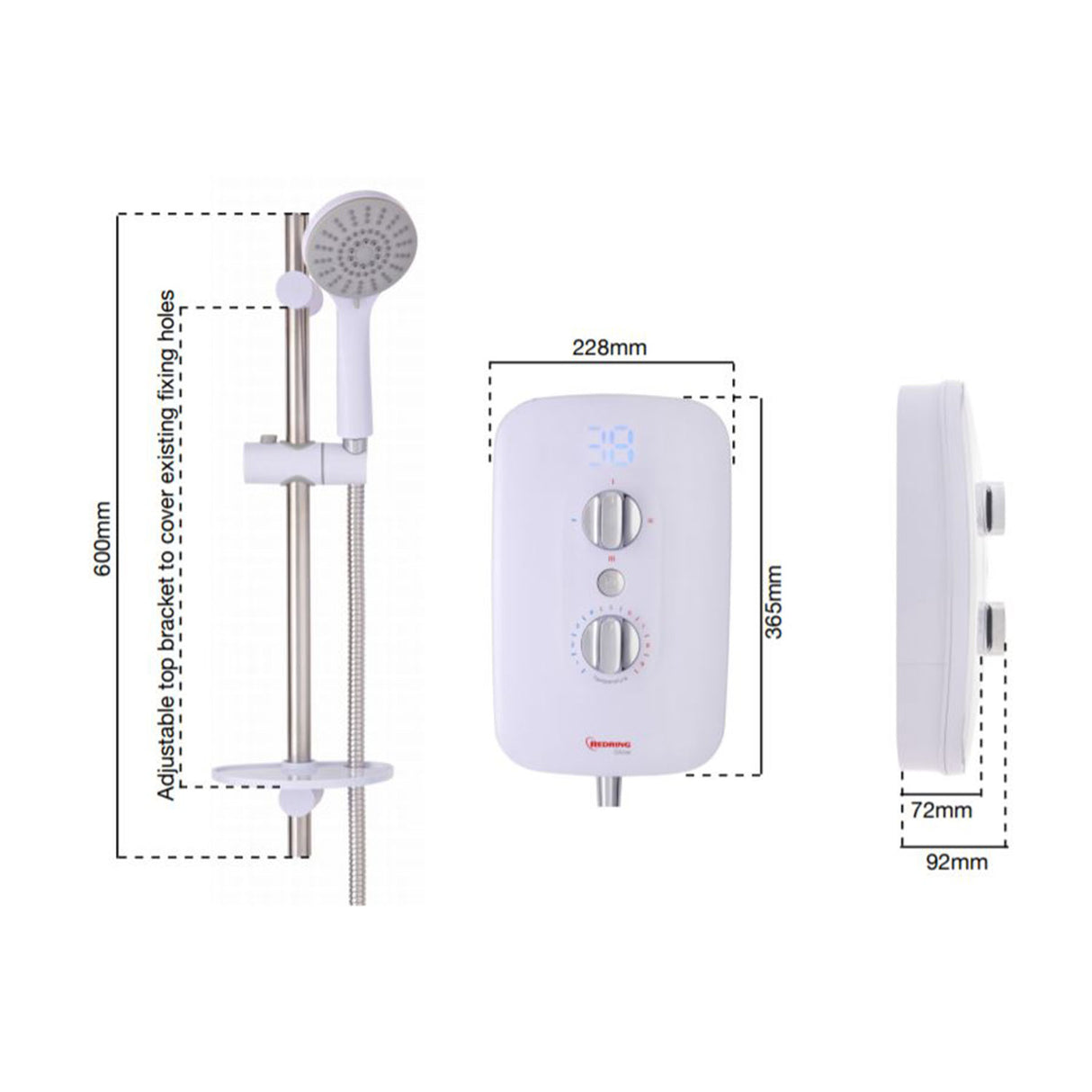 Redring Glow 8.5kw Electric Shower Phased Shutdown dimensions