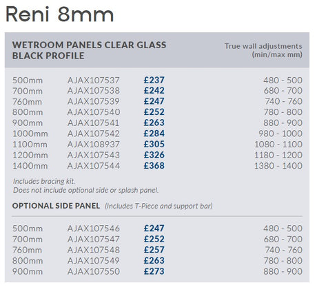 Ajax Reni 8mm Wetroom Panel Clear Glass Black Profile Side Panel