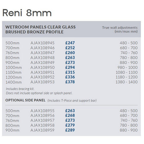 Ajax Reni 8mm Wetroom Panel Clear Glass Brushed Bronze Profile Side Panel