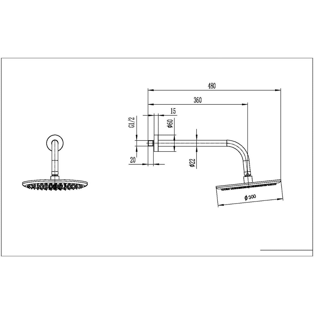 Round 300mm Shower Head and Arm in Brushed Bronze line drawing