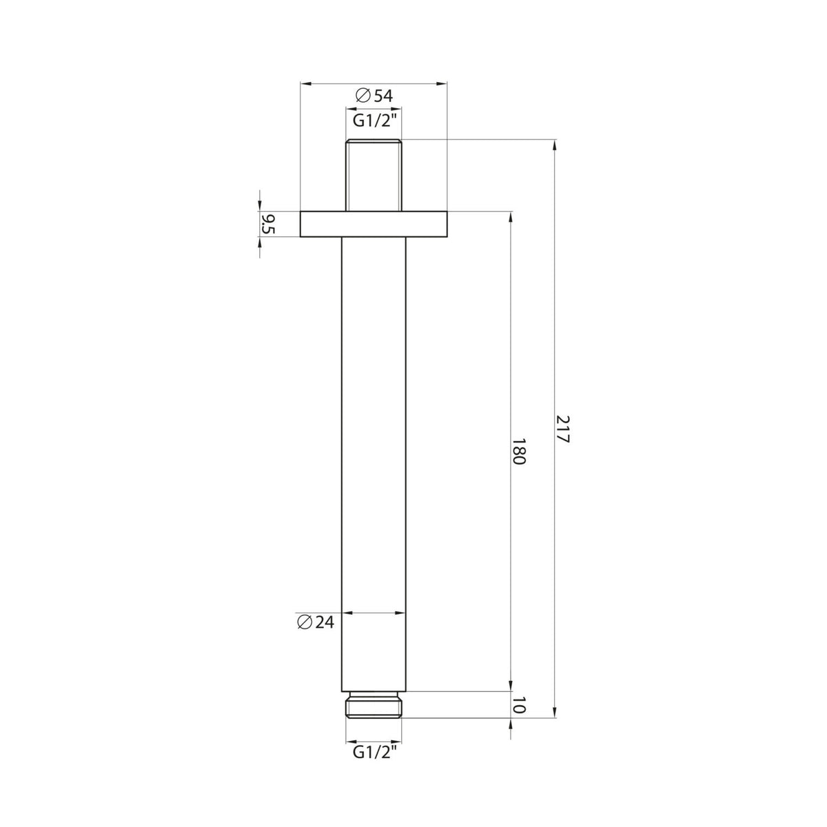 Round Ceiling Mounted Shower Arm in Matt Black line drawing