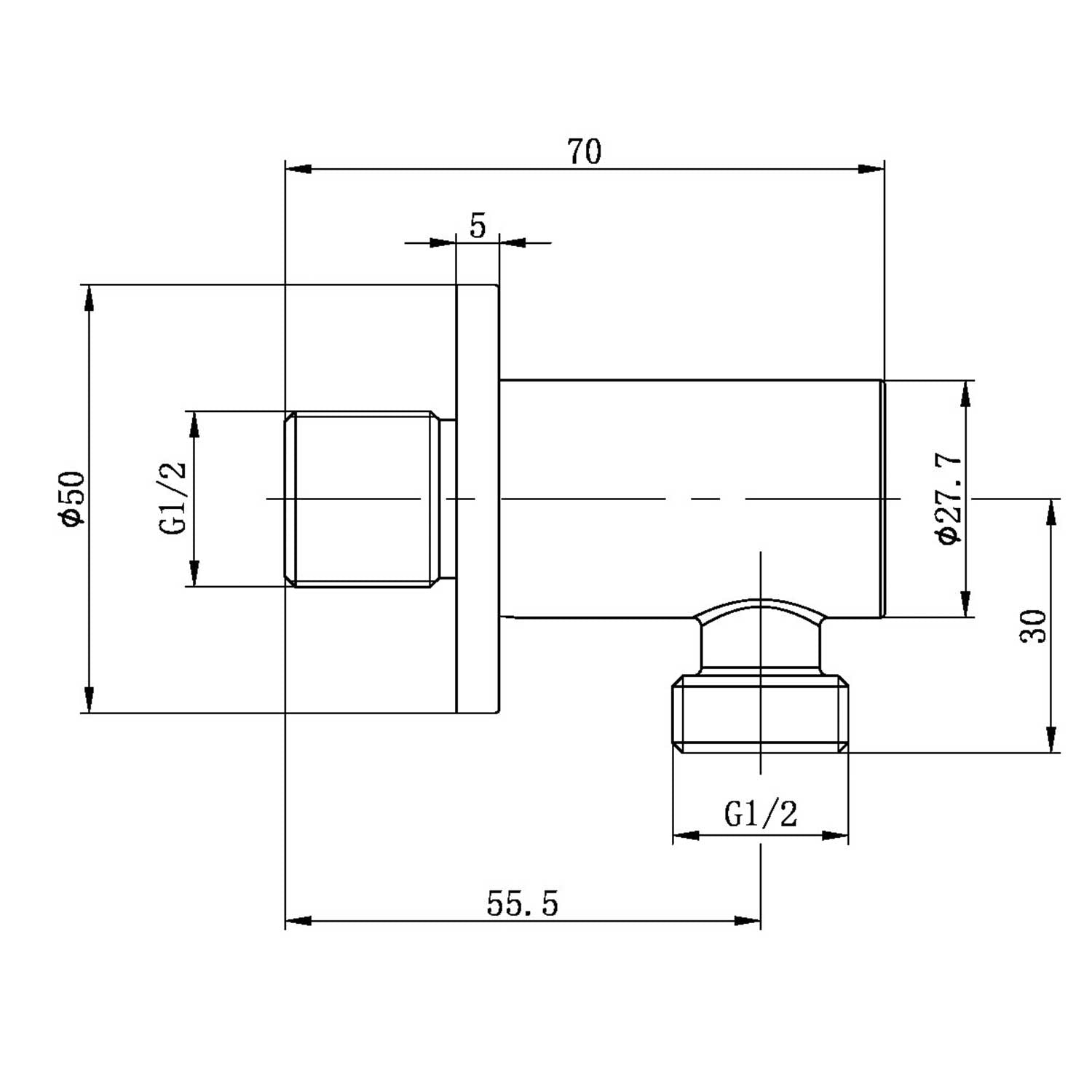 Round Outlet Elbow in Brushed Brass line drawing
