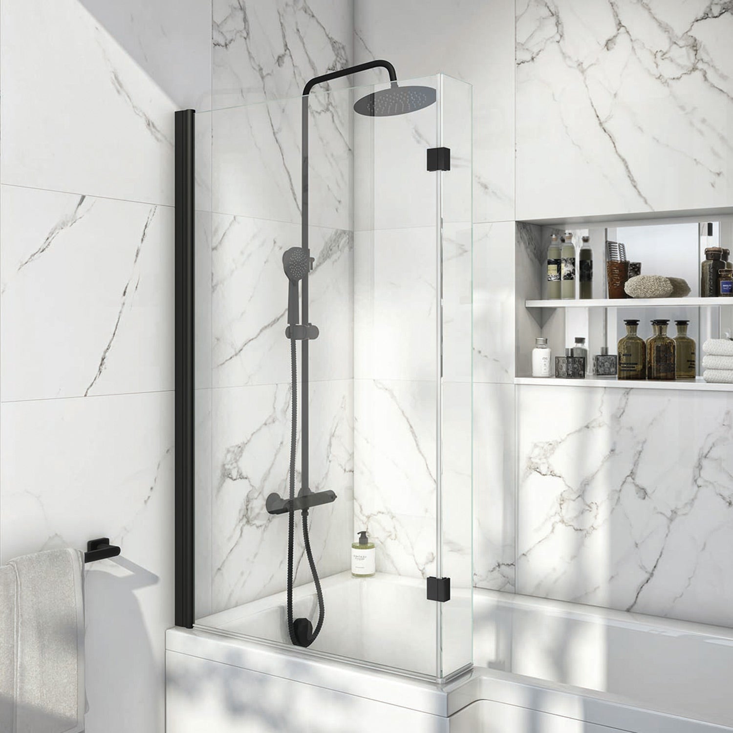 Scudo 1400 x 830mm L Shaped Bath Screen in Black