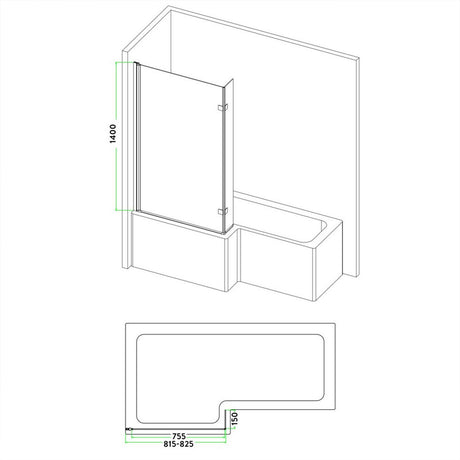 Scudo 1400 x 830mm L Shaped Bath Screen in Black dimensions