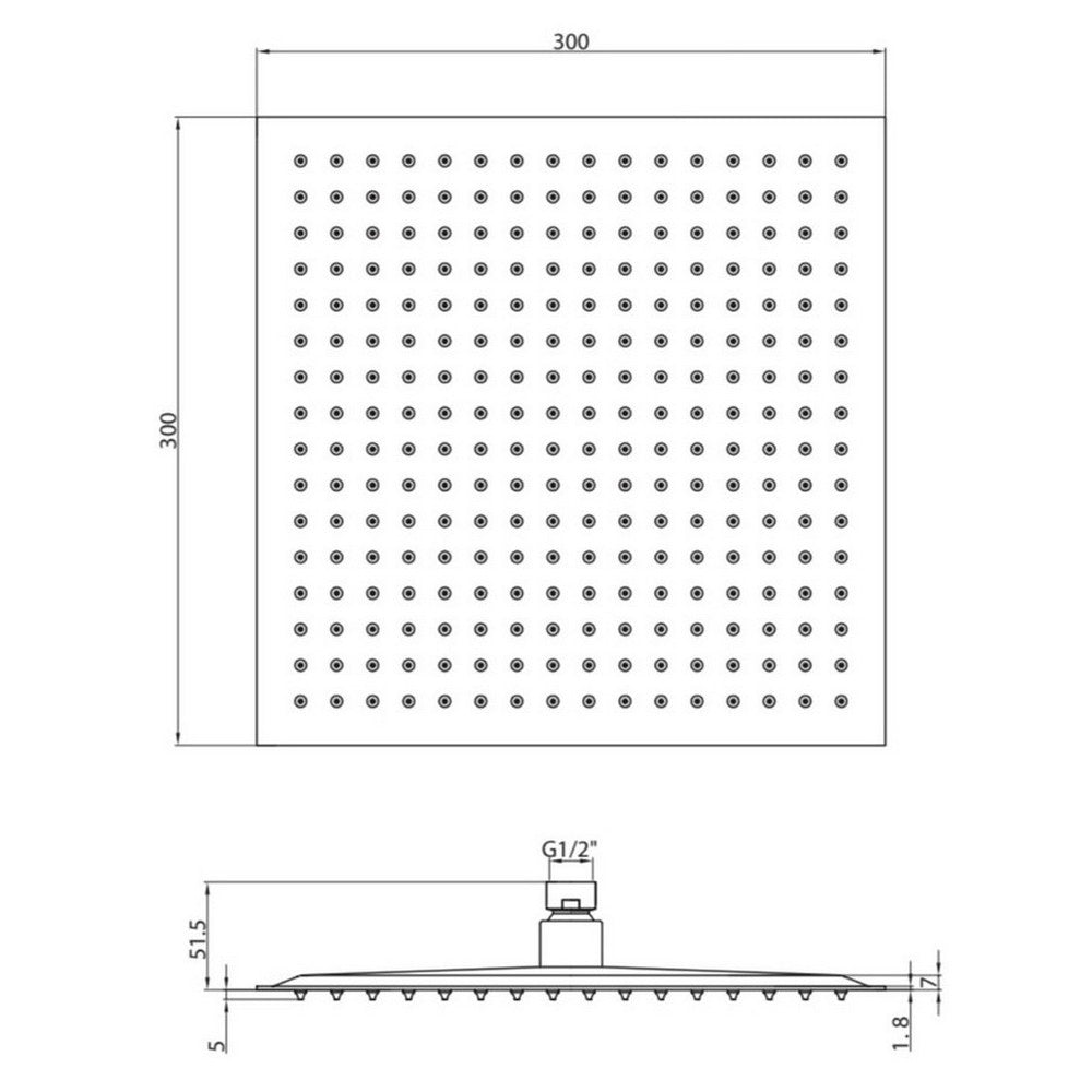 Scudo 300mm Chrome Square Shower Head Dimensions