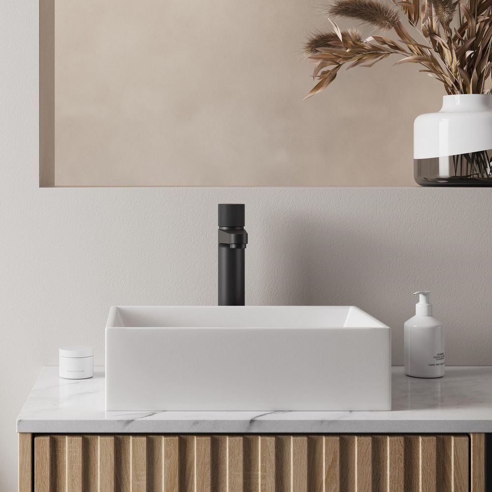 Scudo Alfie 600mm Sonoma Oak Fluted Vanity Unit with Countertop Basin lifestyle