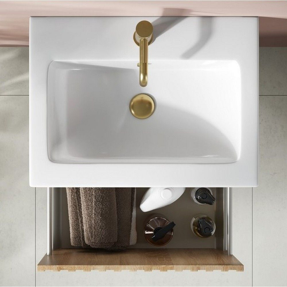 Scudo Alfie 600mm Sonoma Oak Vanity Unit with Basin and Fluted Drawer lifestyle