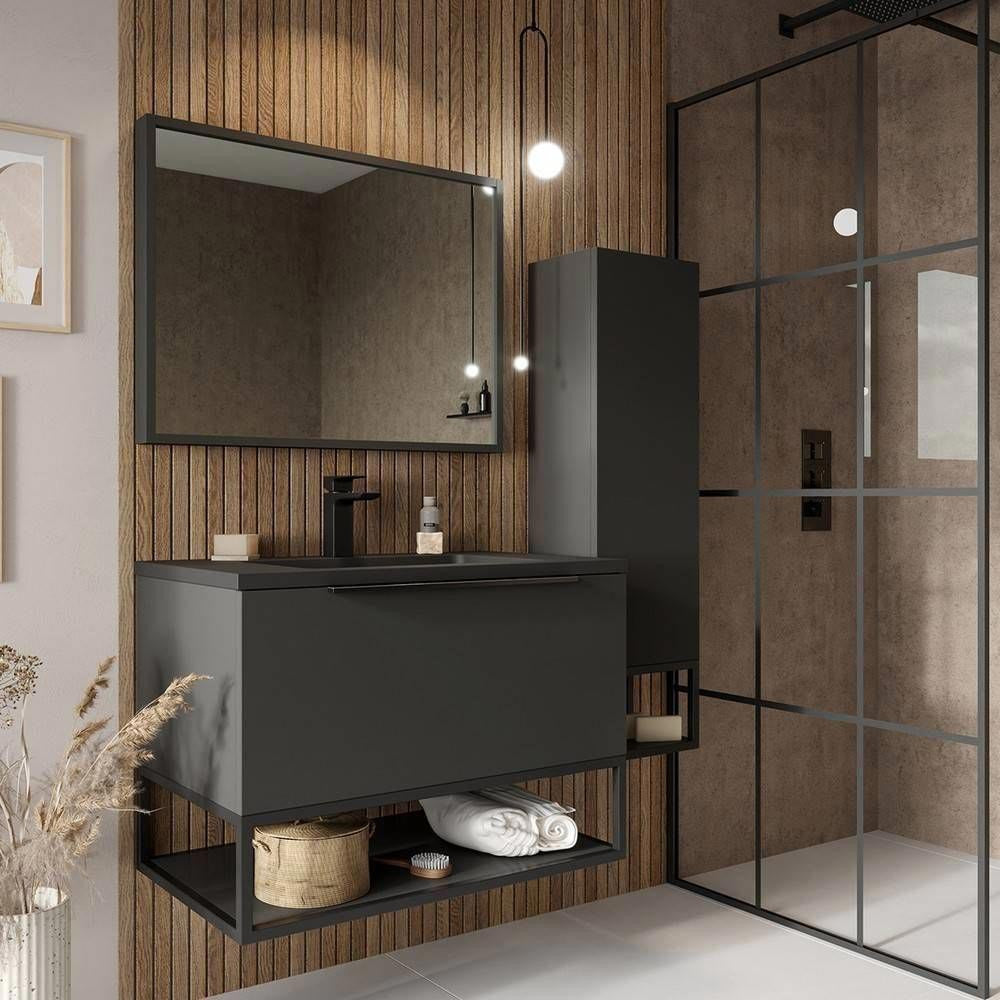 Scudo Ambience 600mm Matt Grey Wall Mounted LED Vanity Unit with Basin lifestyle full unit