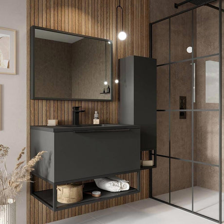 Scudo Ambience 600mm Matt Grey Wall Mounted LED Vanity Unit with Basin lifestyle full unit