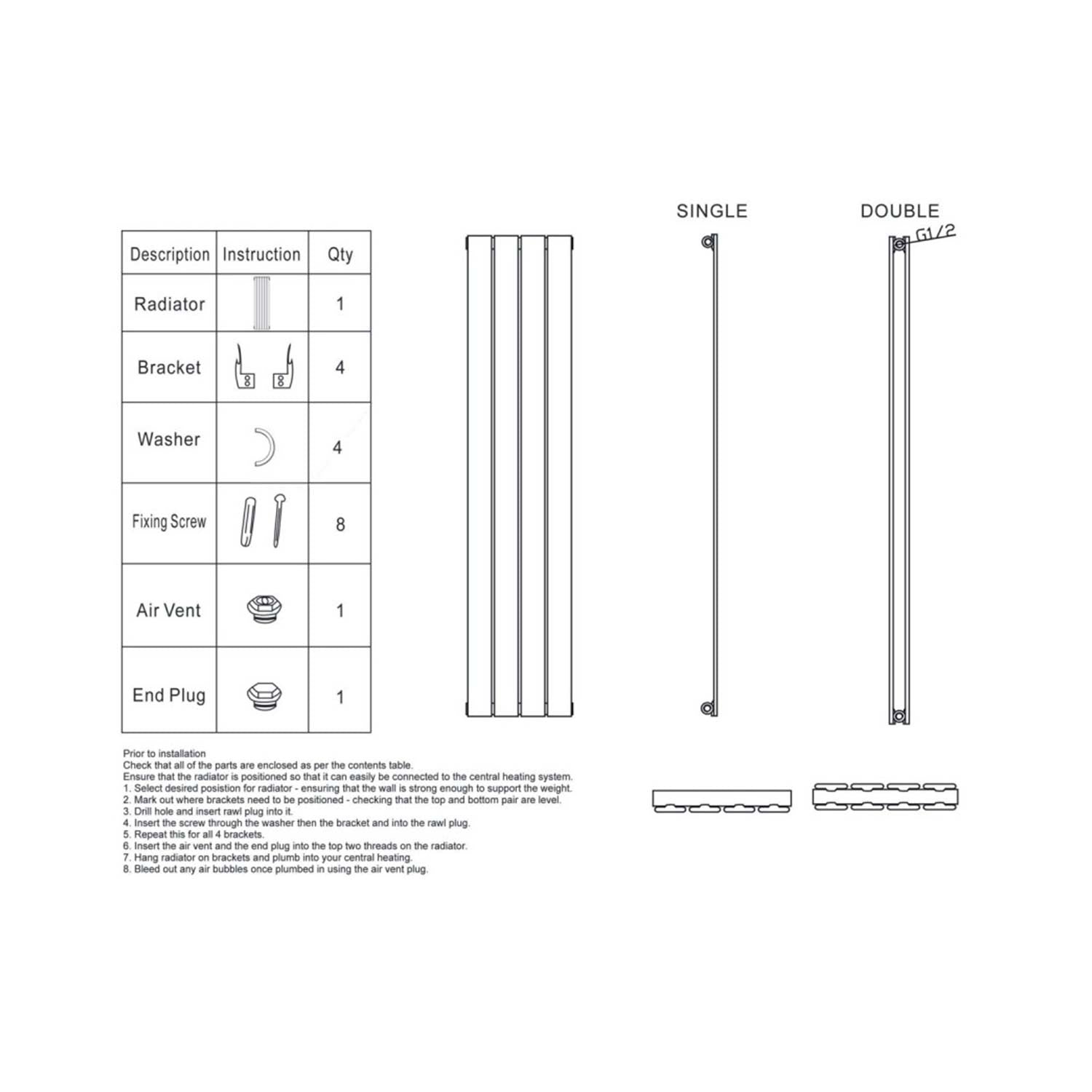 Scudo Apex 1800 x 295mm Vertical Double Designer Radiator in Anthracite data
