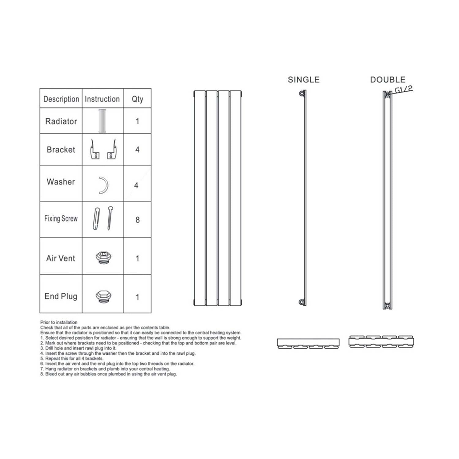 Scudo Apex 1800 x 413mm Vertical Single Designer Radiator in Anthracite data