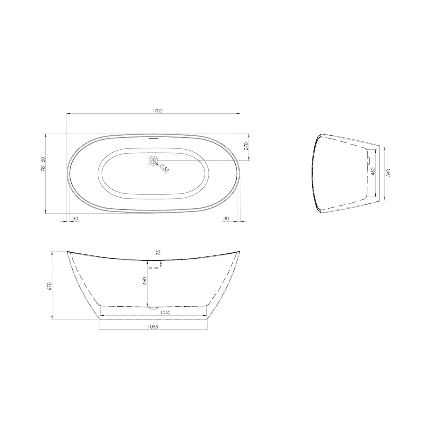 Scudo Aruba 1700 x 800mm Freestanding Bath in Gloss White dimensions