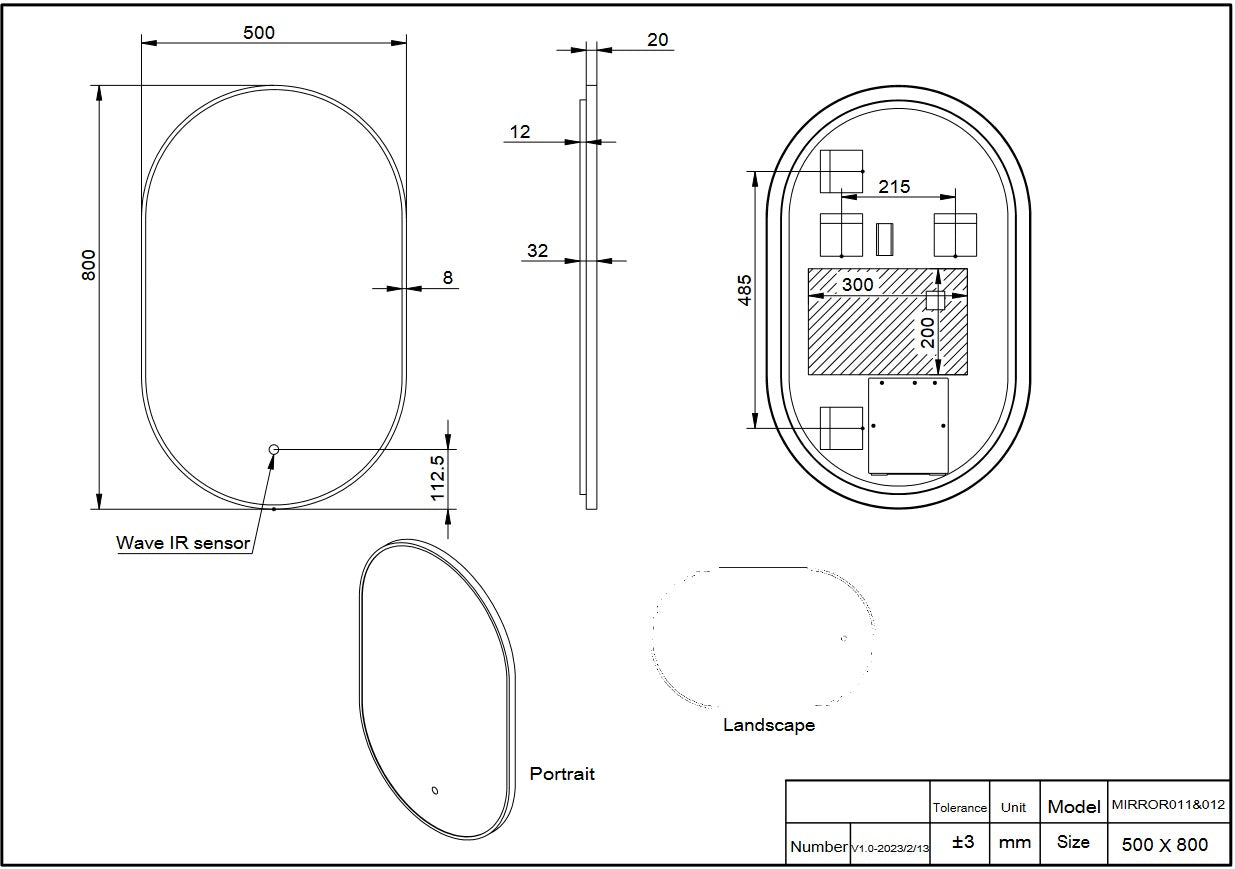 Scudo Aubrey 500 x 800mm Black LED Mirror dimensions