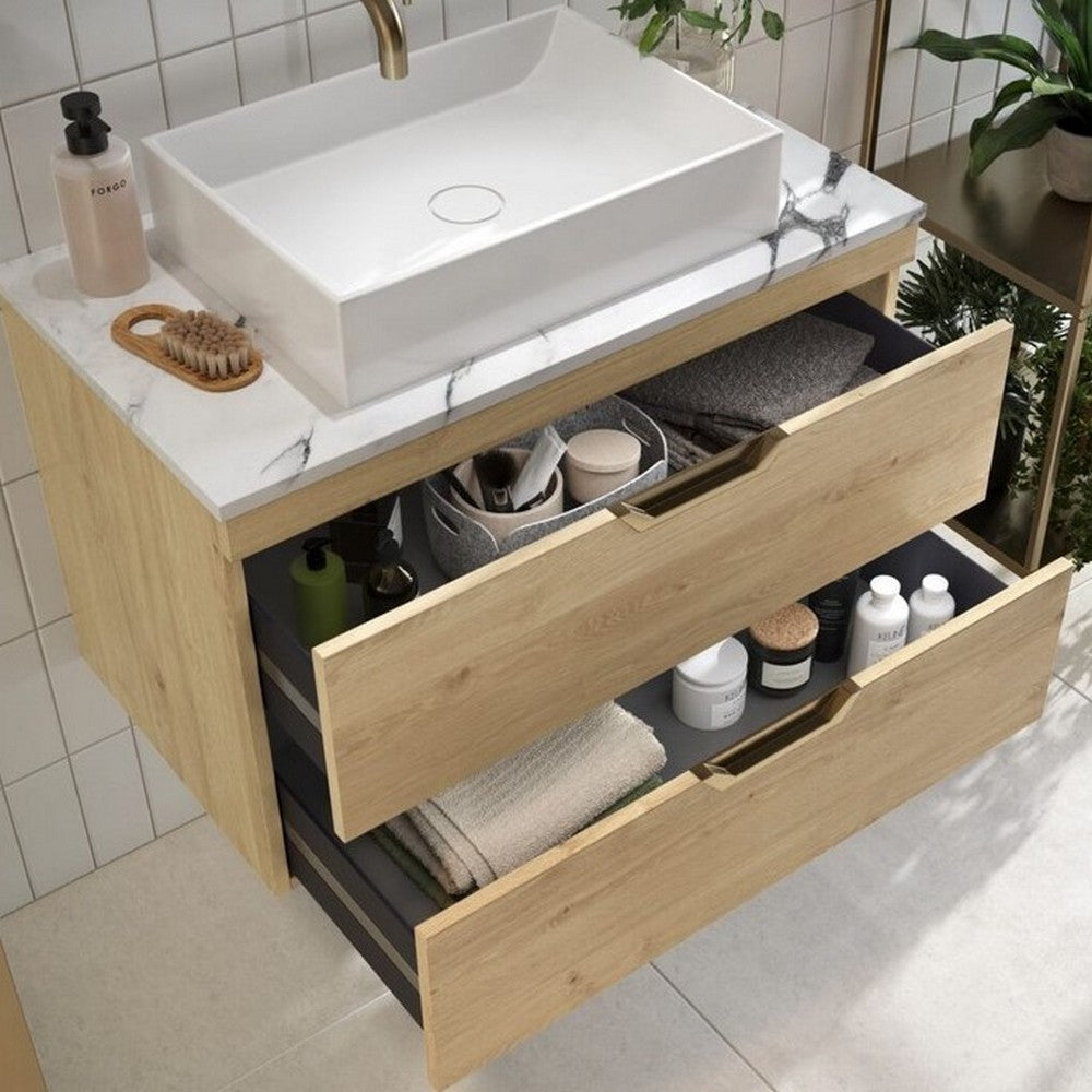 Scudo Aubrey 600mm Davos Oak Wall Mounted Vanity Unit with Worktop Closeup