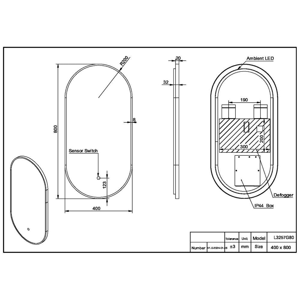 Scudo Aubrey 800 x 400mm Slim LED Mirror in Brushed Brass dimension