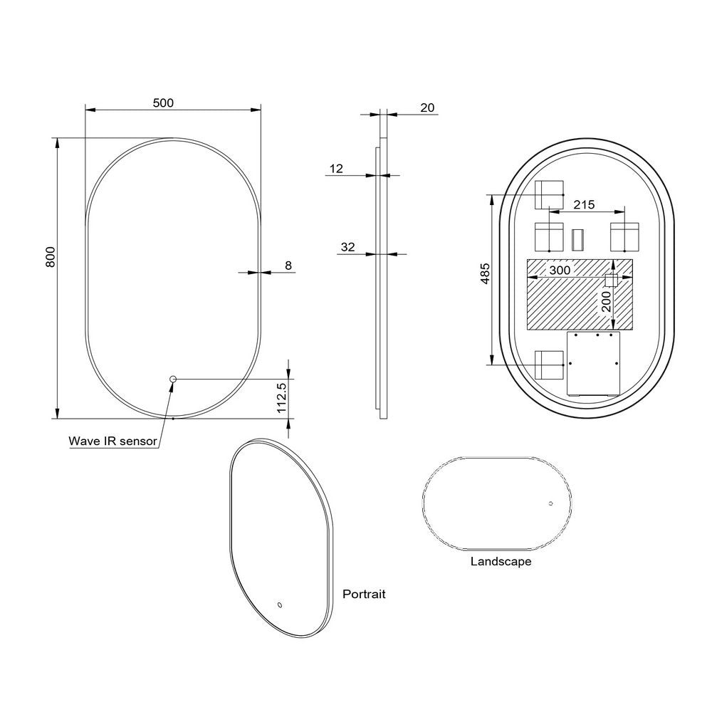 Scudo Aubrey 800 x 500mm Brushed Brass LED Mirror dimensions