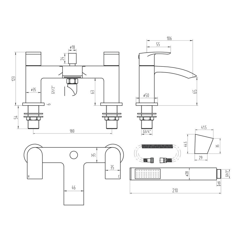 BLACK260ORBL Scudo Belini Black Bath Shower Mixer Line Drawing