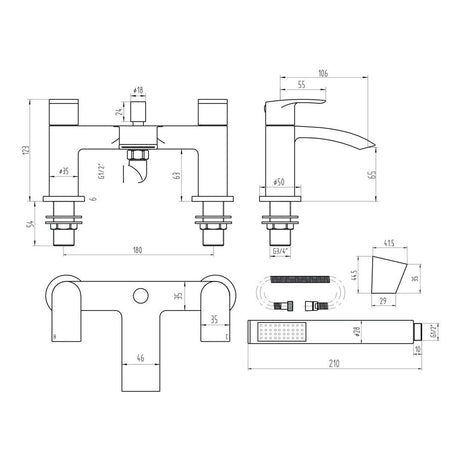 BLACK260ORBL Scudo Belini Black Bath Shower Mixer Line Drawing