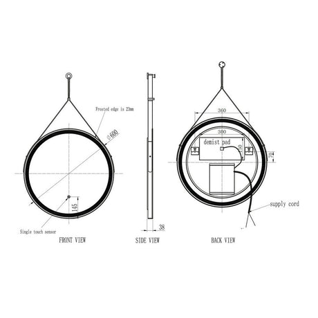 Scudo Belini Matt Black Round LED 600mm Hanging Mirror Dimensions
