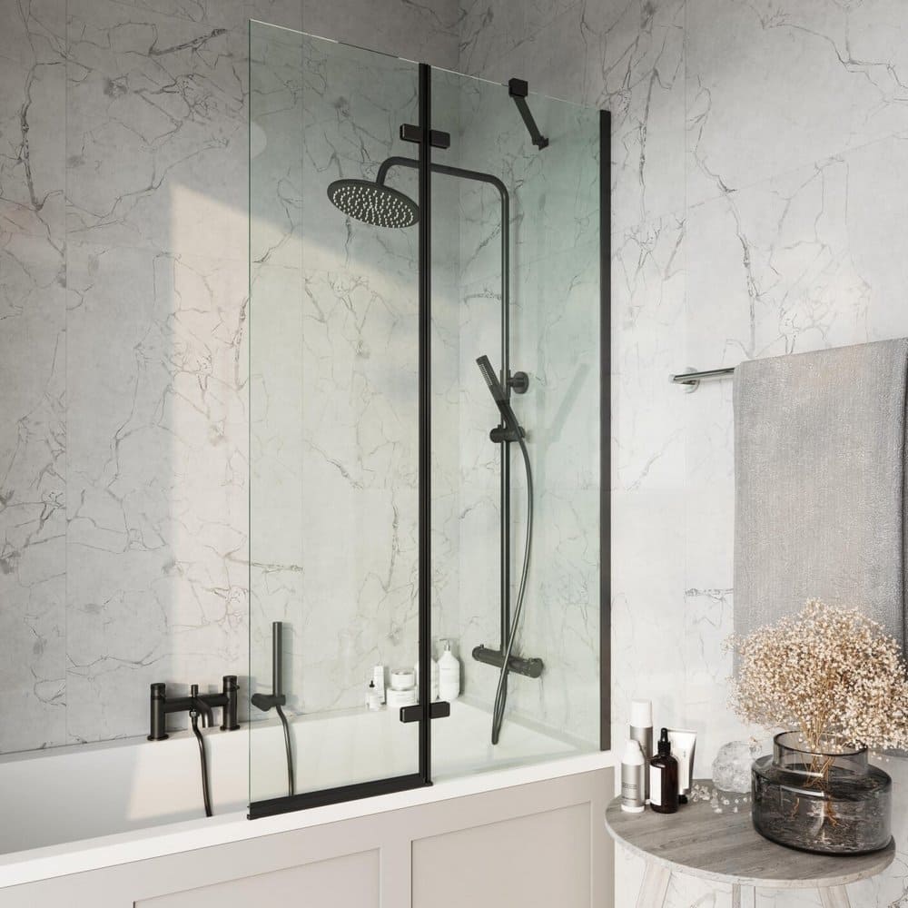 SCREEN007 Scudo Black Square 900mm Pivot Bath Screen and Fixed Panel (1)