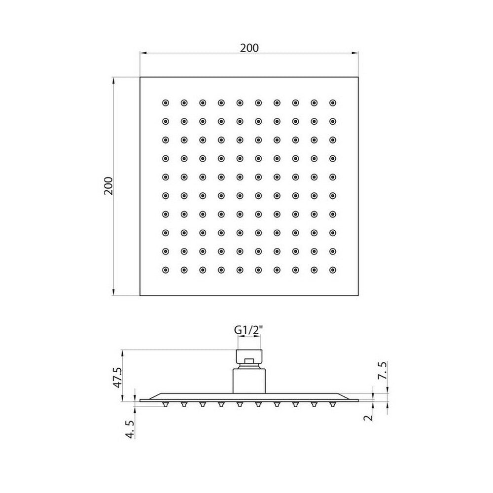 Scudo Black Squared 200mm Shower Head dimensions