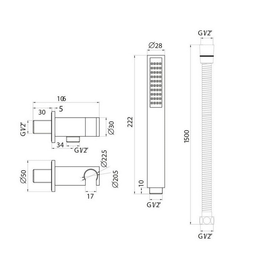 Scudo Black Squared Outlet Elbow with Shower Hose and Handset dimensions