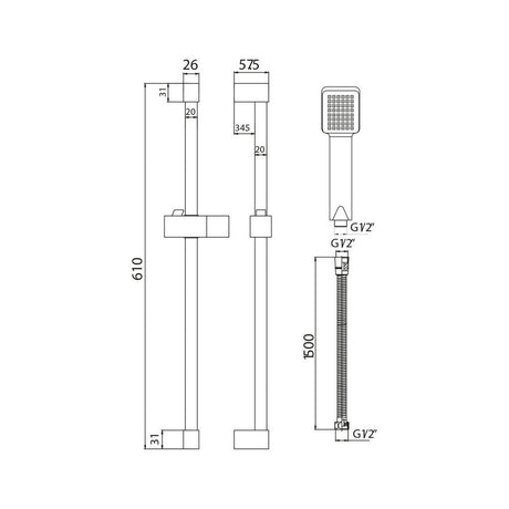 Scudo Black Squared Riser Rail Kit with Single Function Handset Dimensions