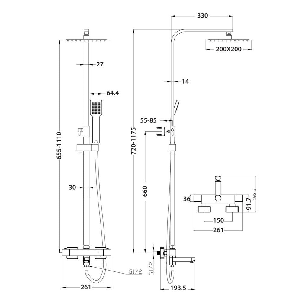 Scudo Block Chrome Square Rigid Riser Shower with Bath Filler Dimensions
