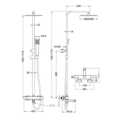 Scudo Block Chrome Square Rigid Riser Shower with Bath Filler Dimensions