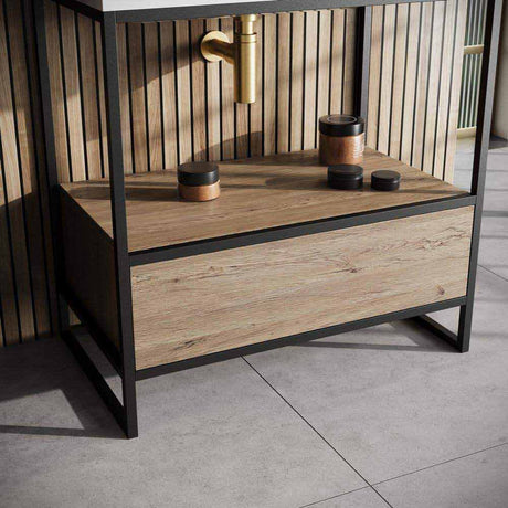 Scudo Boho 600mm Floorstanding Basin with Drawer and Black Frame Closeup