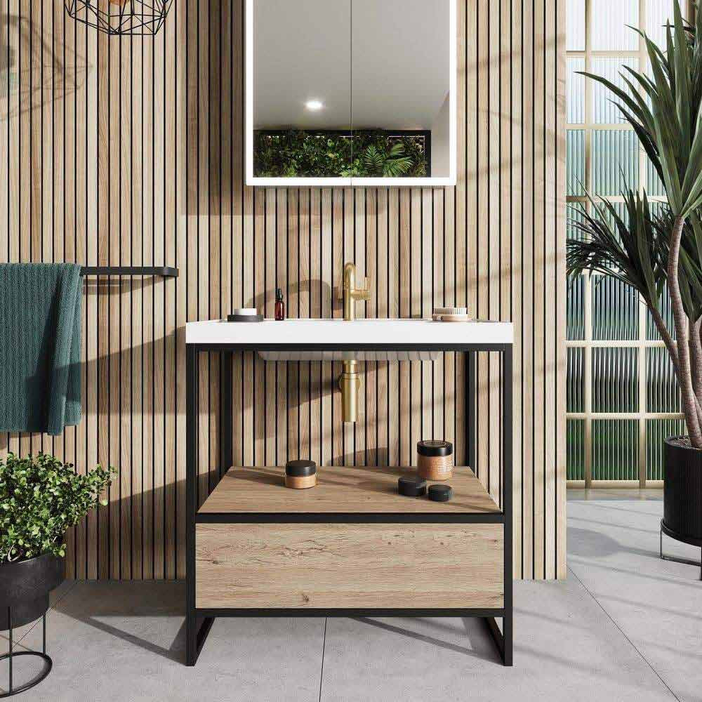 Scudo Boho 600mm Floorstanding Basin with Drawer and Black Frame Lifestyle