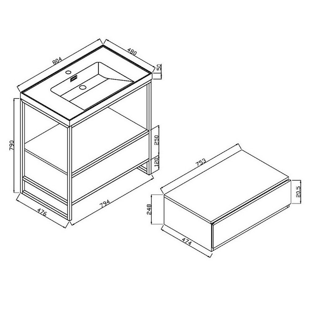 Scudo Boho 800mm Floorstanding Basin with Drawer and Black Frame Dimensions