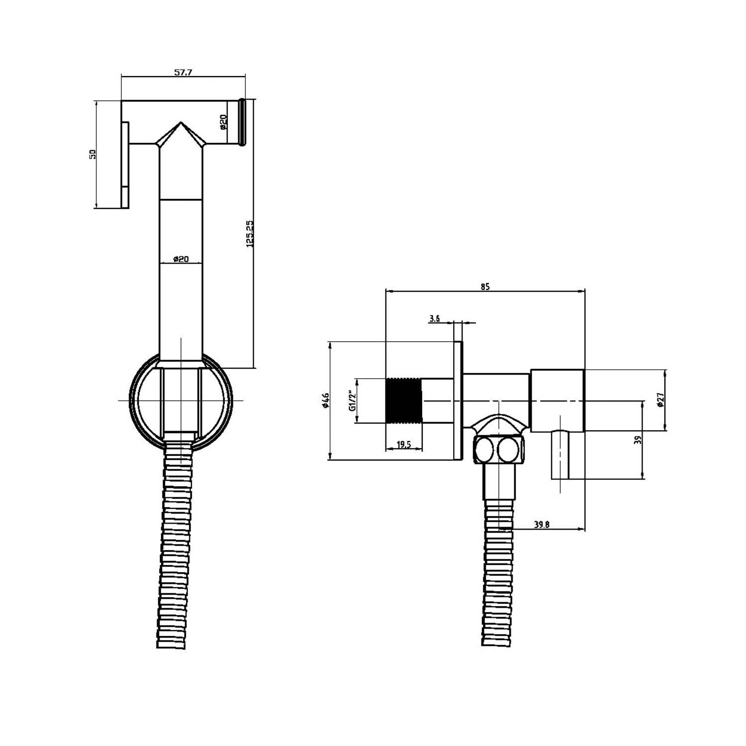 Scudo Brushed Nickel Douche Handset with Flexi Hose and Holder dimensions