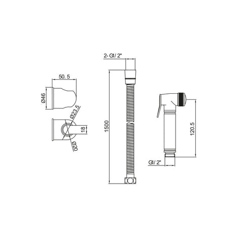 Scudo Chrome Douche Handset with Flexi Hose and Holder Dimensions