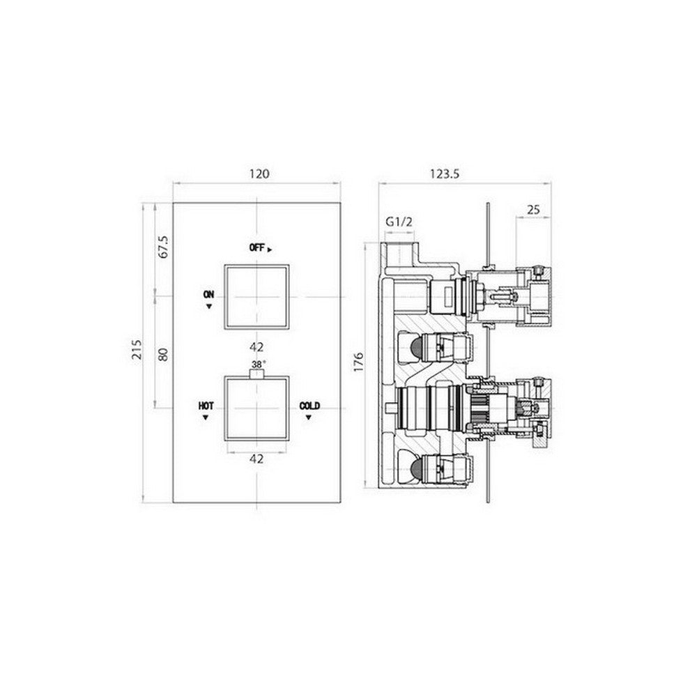 Scudo Chrome Dual Squared Handle Concealed Shower Valve with Diverter Dimensions