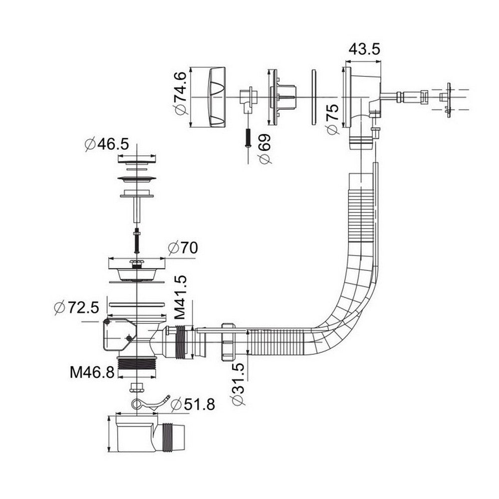 Scudo Chrome Pop Up Bath Waste with Overflow Dimensions